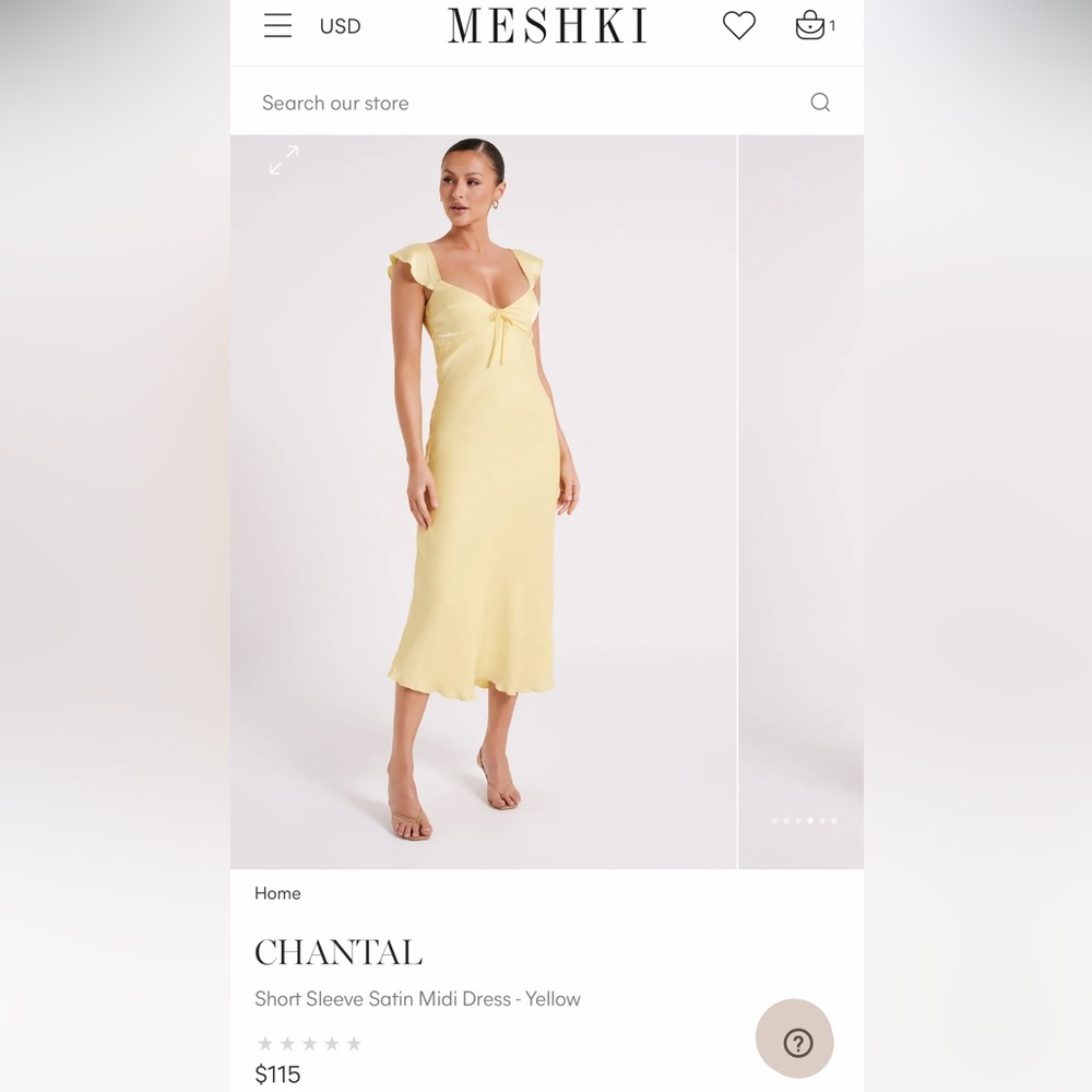 Meshki Chantal Short Sleeve Satin Midi Dress - Yellow - size small
